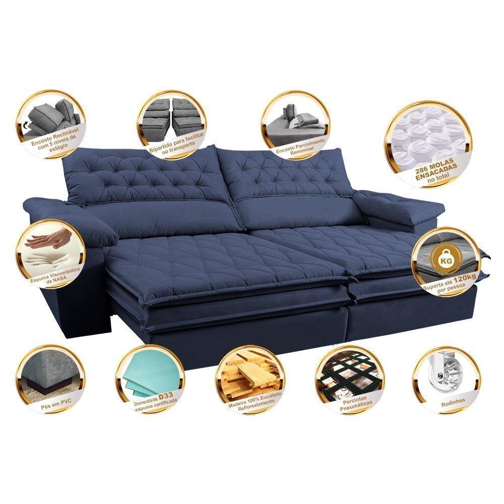 Sofá Retrátil E Reclinável 2,72m Molas Ensacadas Cama Inbox Alemanha Viscoelástico Velusoft Azul - 7