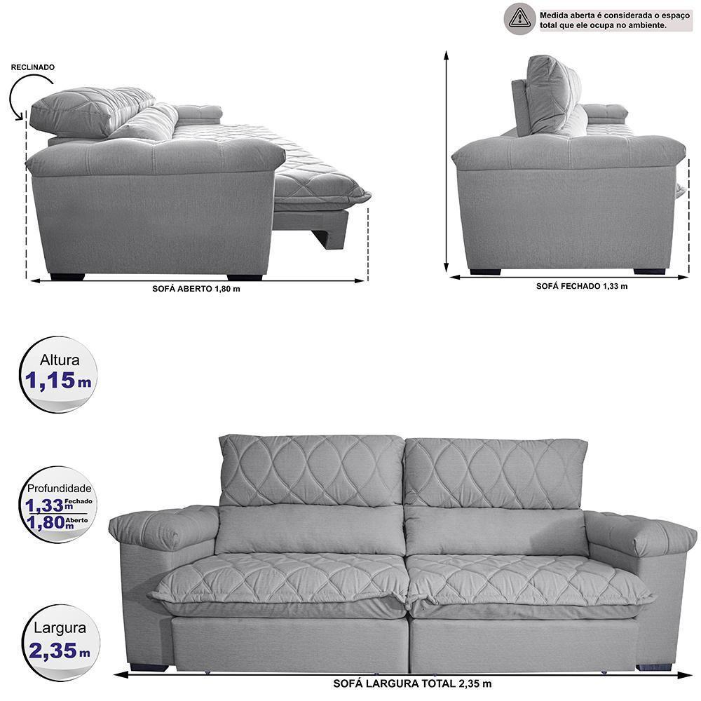 Sofá Retrátil E Reclinável 2,35m Molas Ensacadas Cama Inbox Big Home Bordado 3d Linho Cinza Claro - 8