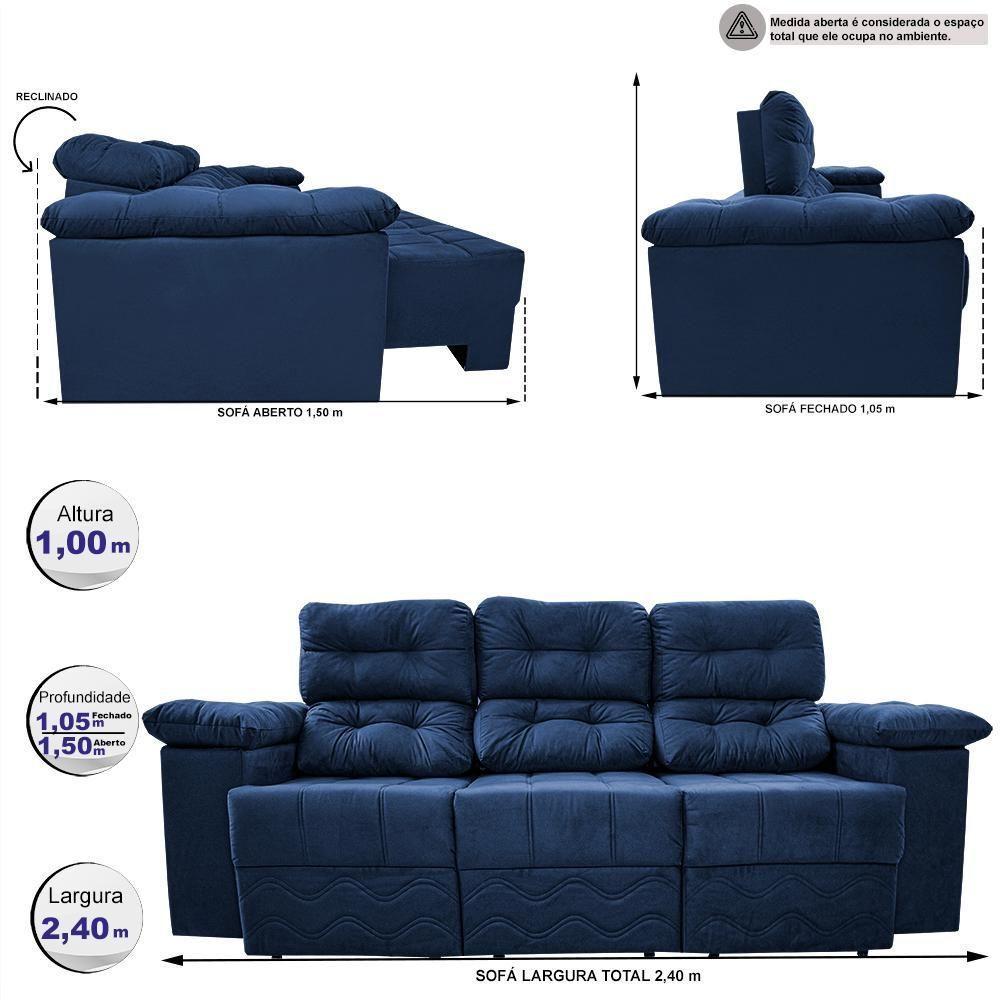 Sofa Itália 2,40 Mts Retrátil E Reclinavel Tecido Suede Azul - Cama Inbox - 8