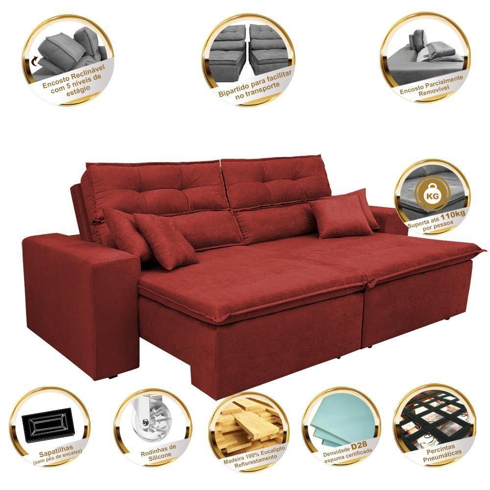 Sofá Cairo 2,32m Retrátil, Reclinável Tecido Suede Vermelho - 3