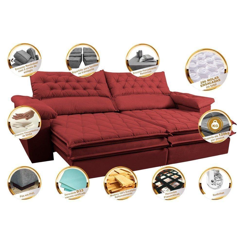 Sofá Retrátil E Reclinável 2,72m Molas Ensacadas Cama Inbox Alemanha Viscoelástico Velusoft Vermelho - 7