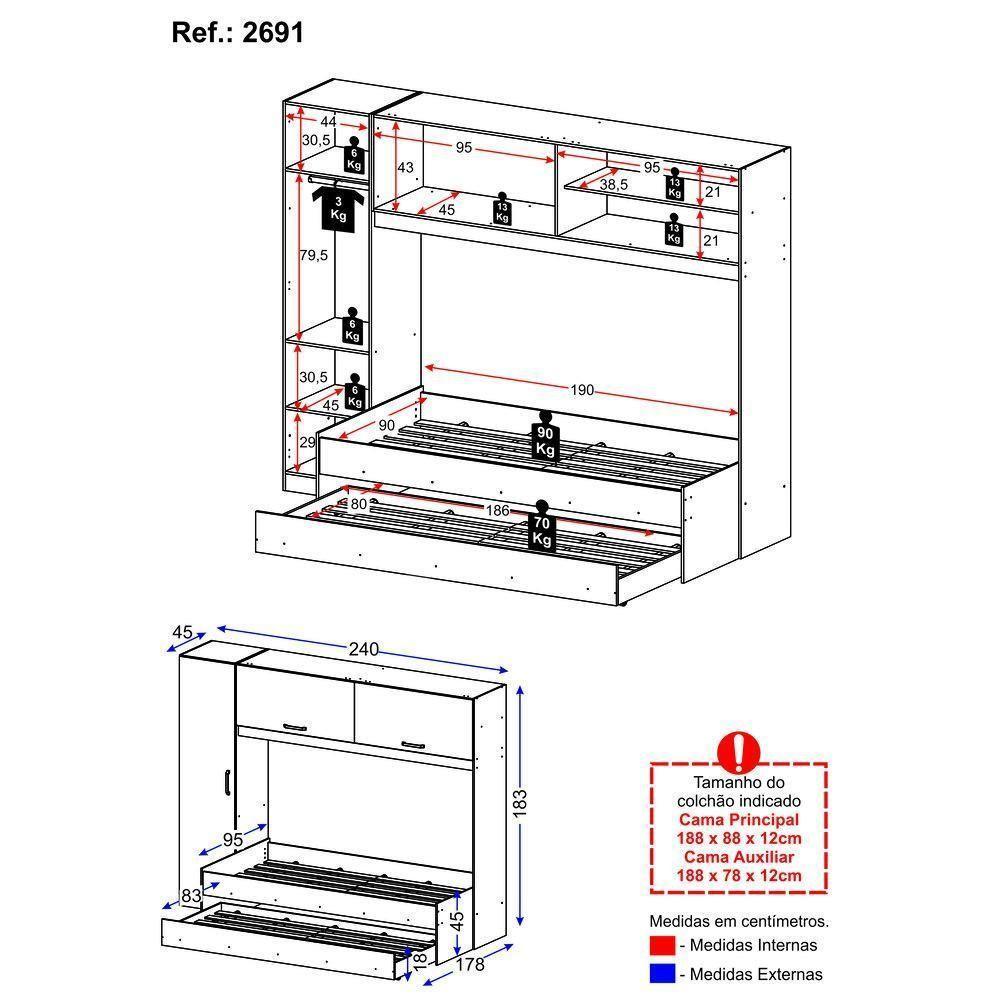 Guarda-roupa com Bicama Branco Multimóveis - 2