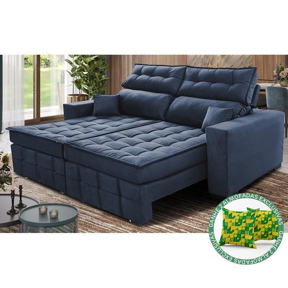 Sofá Retrátil E Reclinável 1,80m Molas Ensacadas E Costura Tripla Cama Inbox Japão Velusoft Azul - 1