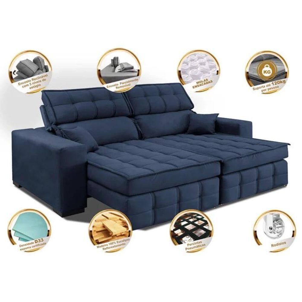 Sofá Retrátil E Reclinável 1,80m Molas Ensacadas E Costura Tripla Cama Inbox Japão Velusoft Azul - 7