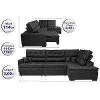 Sofá De Canto Retrátil E Reclinável Direito 3,00x2,36m Molas Cama Inbox Espanha Velusoft Preto - 8