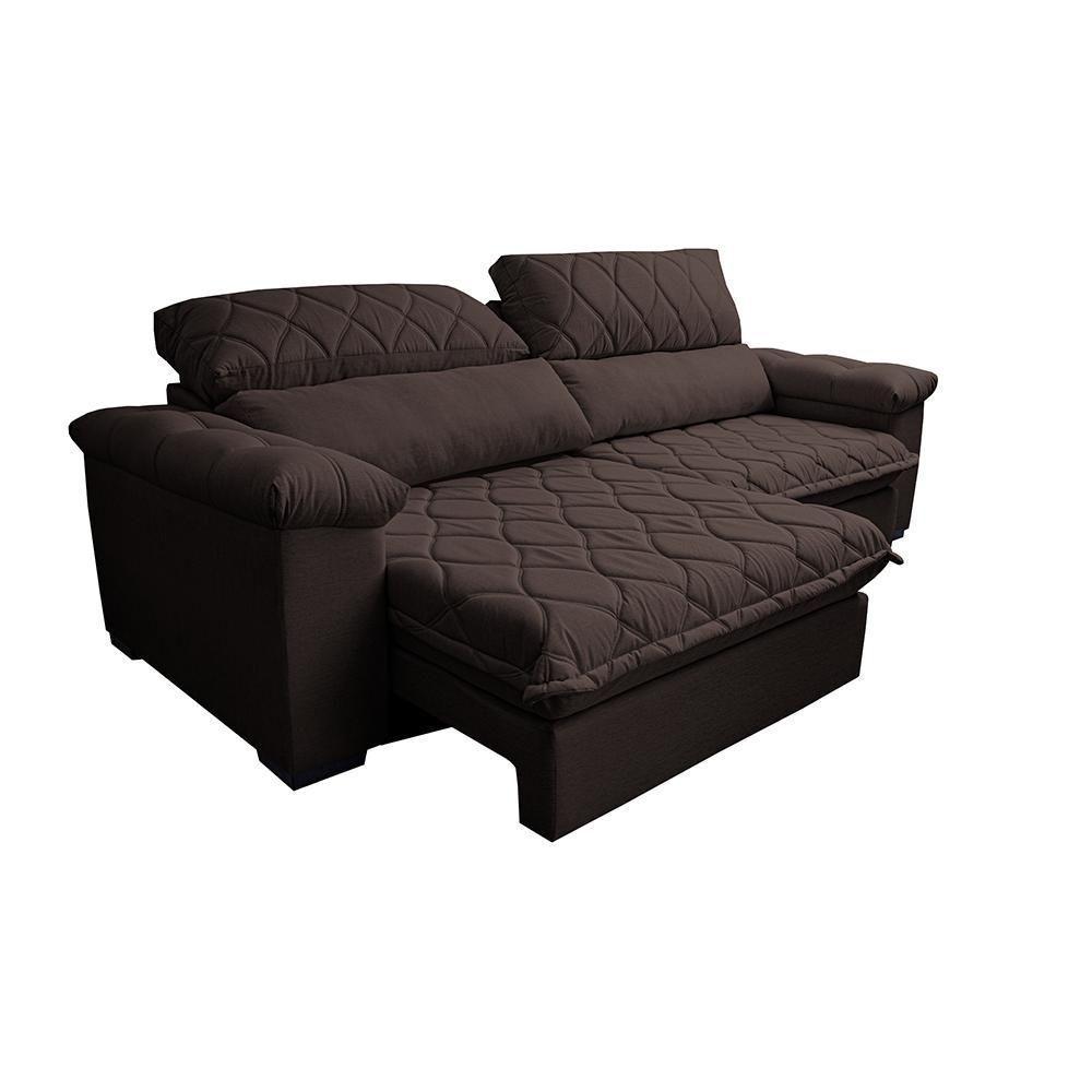 Sofá Retrátil E Reclinável 2,75m Molas Ensacadas Cama Inbox Big Home Bordado 3d Linho Marrom - 3