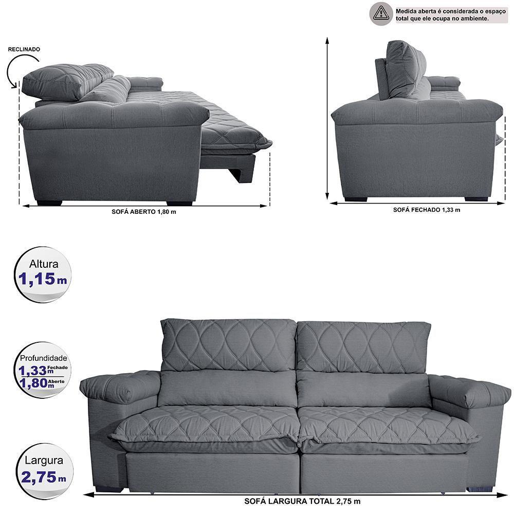 Sofá Retrátil E Reclinável 2,75m Molas Ensacadas Cama Inbox Big Home Bordado 3d Linho Cinza Escuro - 8