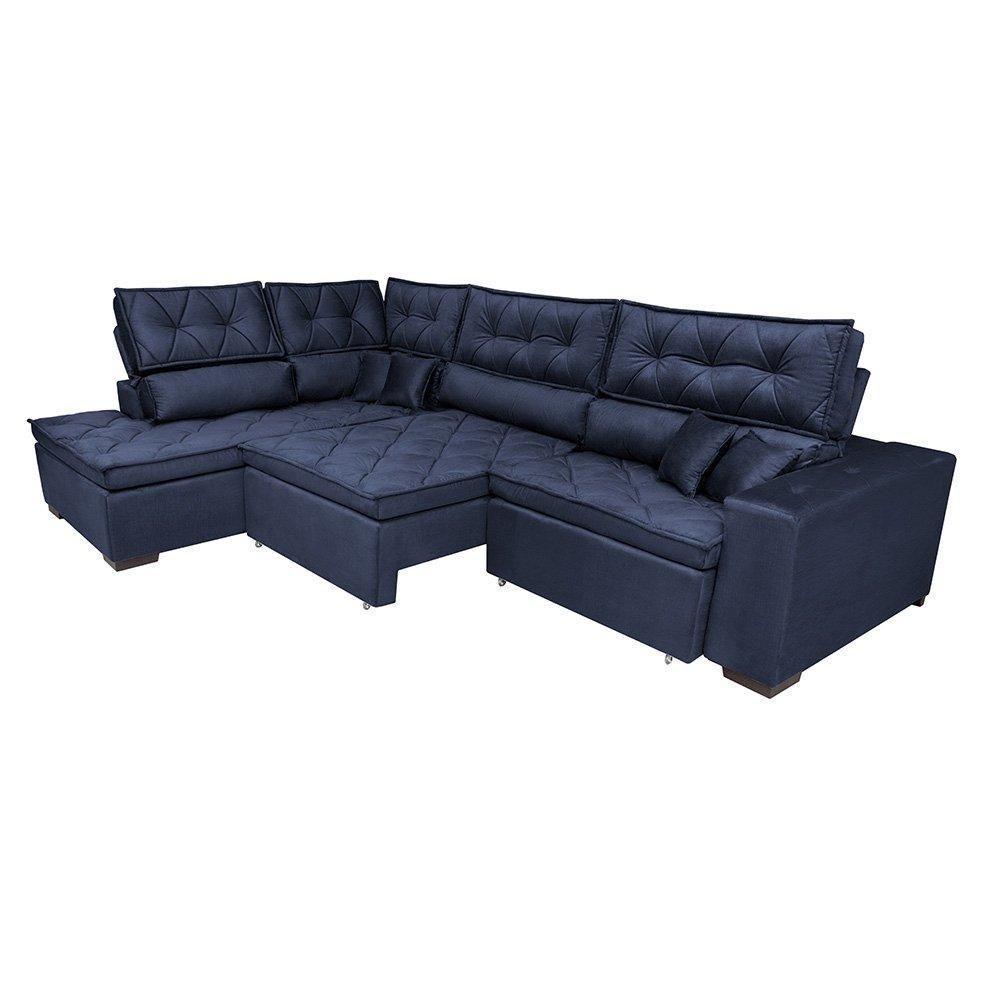 Sofá De Canto Retrátil E Reclinável Esquerdo 3,00x2,36m Molas Cama Inbox Espanha Velusoft Azul - 2