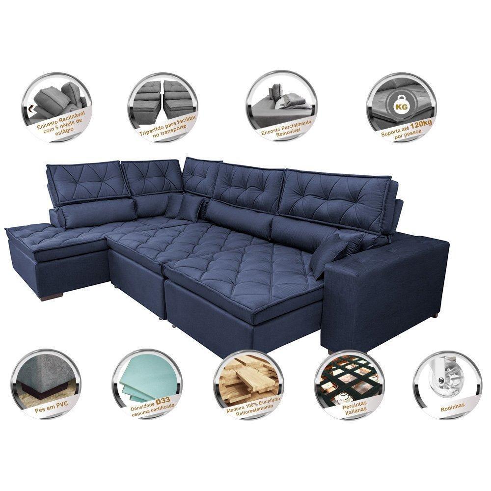 Sofá De Canto Retrátil E Reclinável Esquerdo 3,00x2,36m Molas Cama Inbox Espanha Velusoft Azul - 7