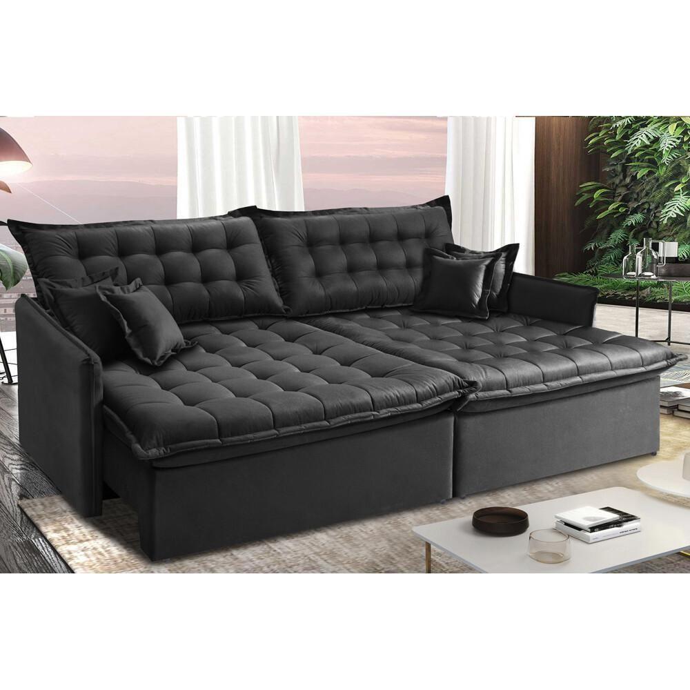 Sofá Sem Caixa Retrátil E Reclinável 1,95m Cama Inbox Versátil Suede Velusoft Preto - 1