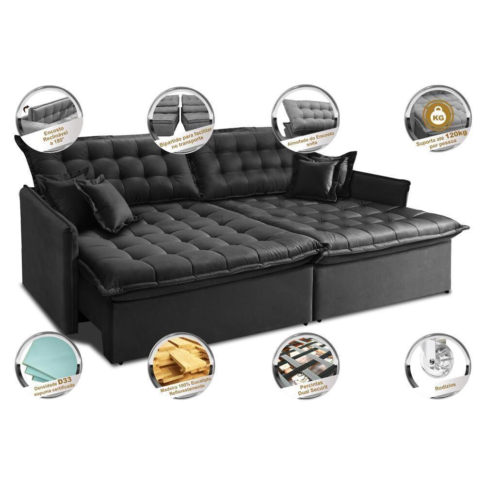 Sofá Sem Caixa Retrátil E Reclinável 1,95m Cama Inbox Versátil Suede Velusoft Preto - 6