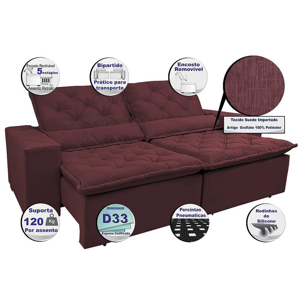 Sofá Lisboa 3,12m Retrátil, Reclinável Com Molas No Assento Tecido Suede Velusoft Vinho - Cama Inbox - 7