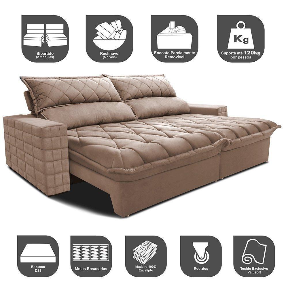 Sofá Retrátil E Reclinável 2,95m Molas Ensacadas Cama Inbox Elegance Com Thermogel Velusoft Bege - 7
