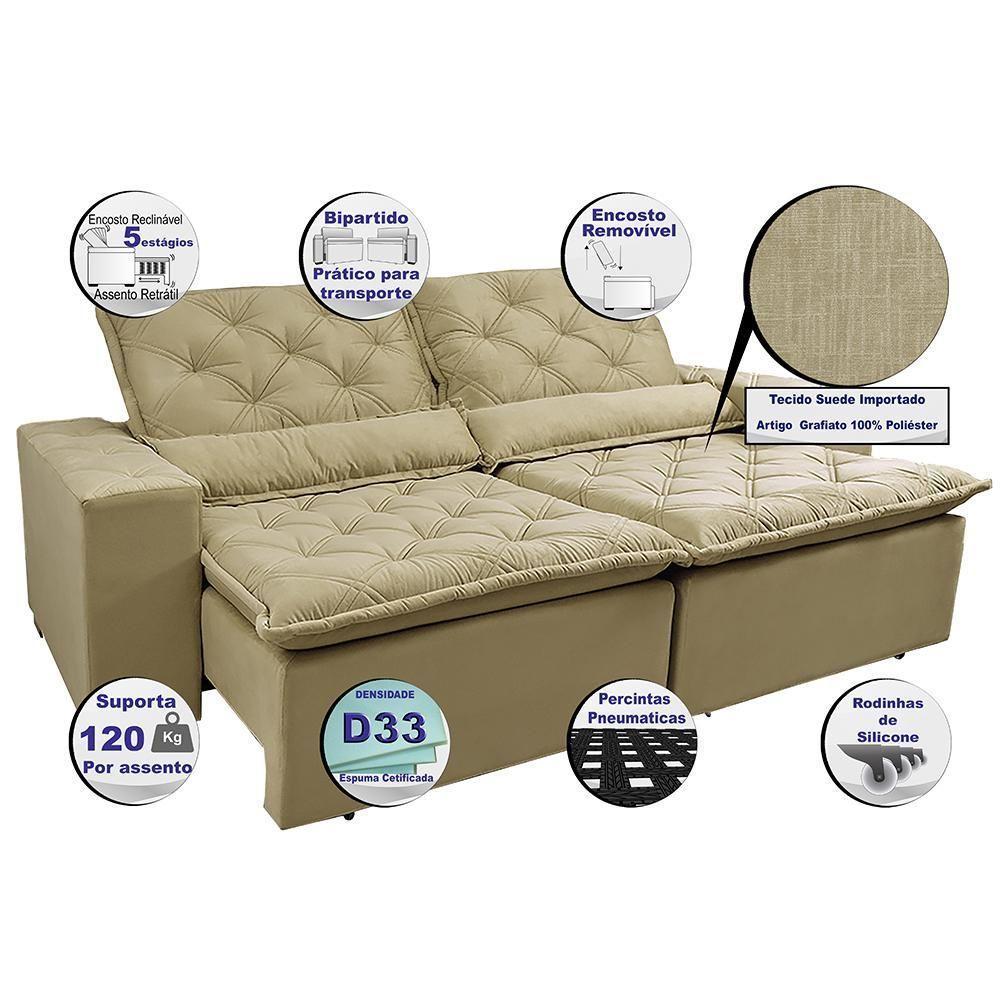 Sofá Lisboa 3,12m Retrátil, Reclinável Com Molas No Assento Tecido Suede Velusoft Bege - Cama Inbox - 7