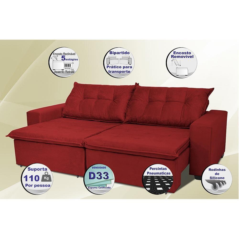 Sofá Austrália 2,72 Mts Retrátil, Reclinável Com Molas E Pillow No Assento Tecido Suede Vermelho - 3