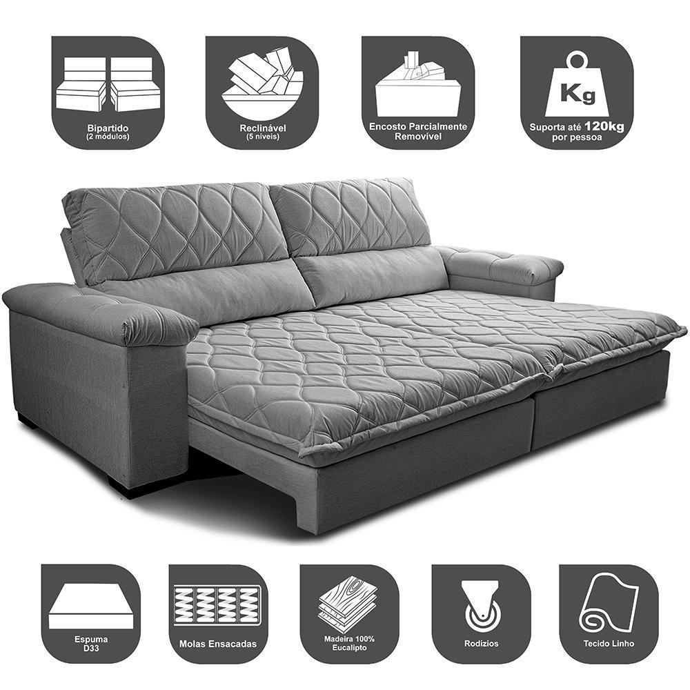 Sofá Retrátil E Reclinável 2,95m Molas Ensacadas Cama Inbox Big Home Bordado 3d Linho Cinza Claro - 7