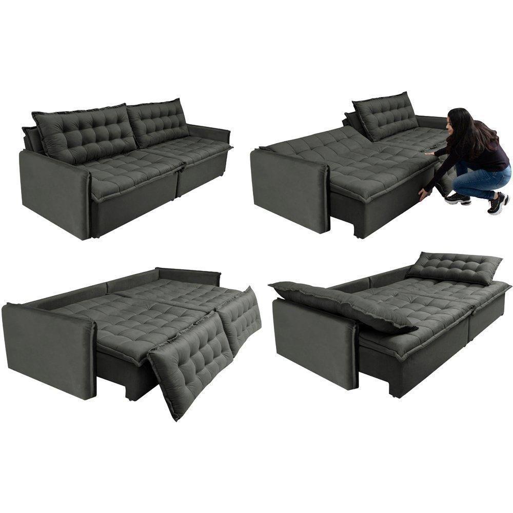 Sofá Sem Caixa Retrátil E Reclinável 1,95m Cama Inbox Versátil Suede Velusoft Cinza - 2