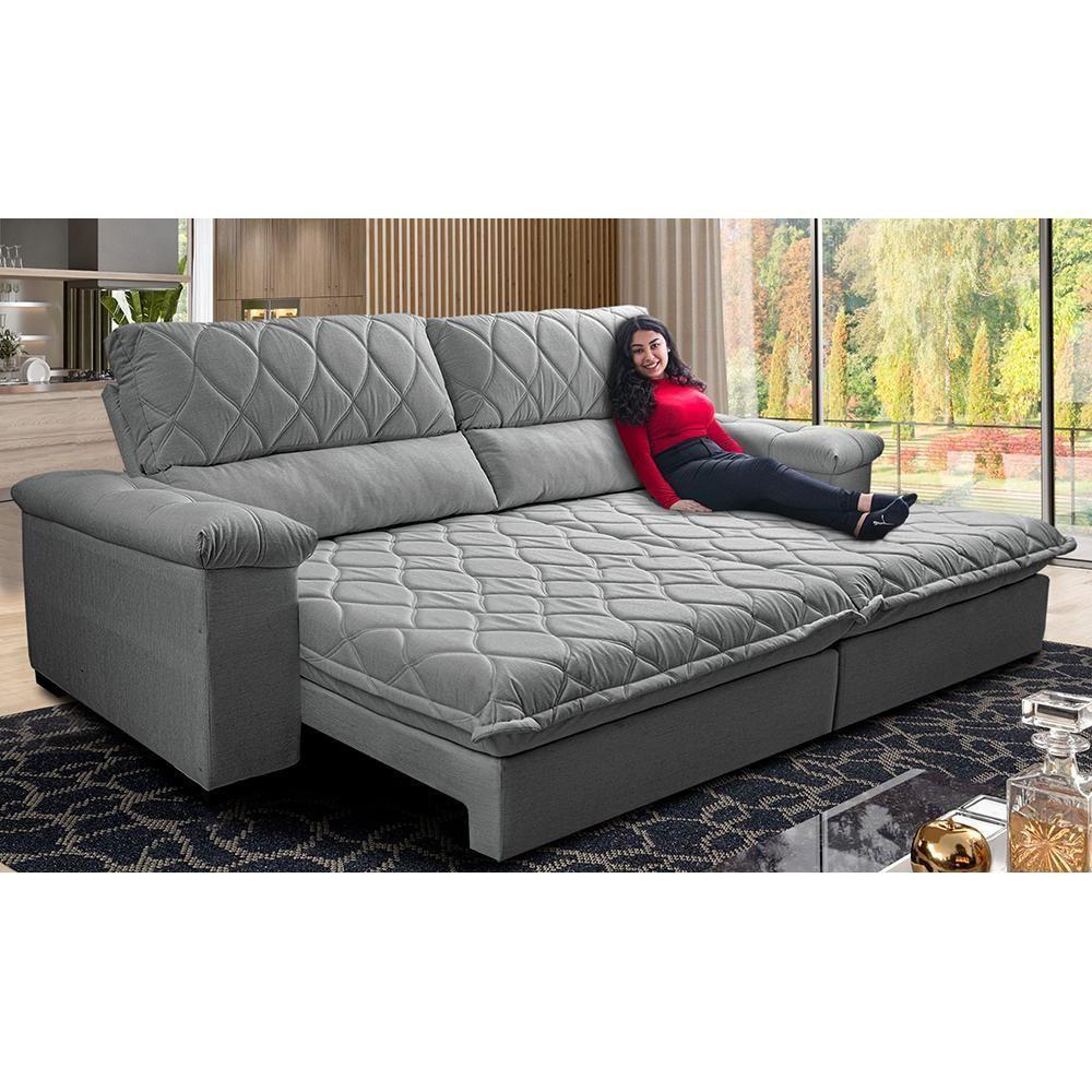 Sofá Retrátil E Reclinável 3,15m Molas Ensacadas Cama Inbox Big Home Bordado 3d Linho Cinza Claro - 1