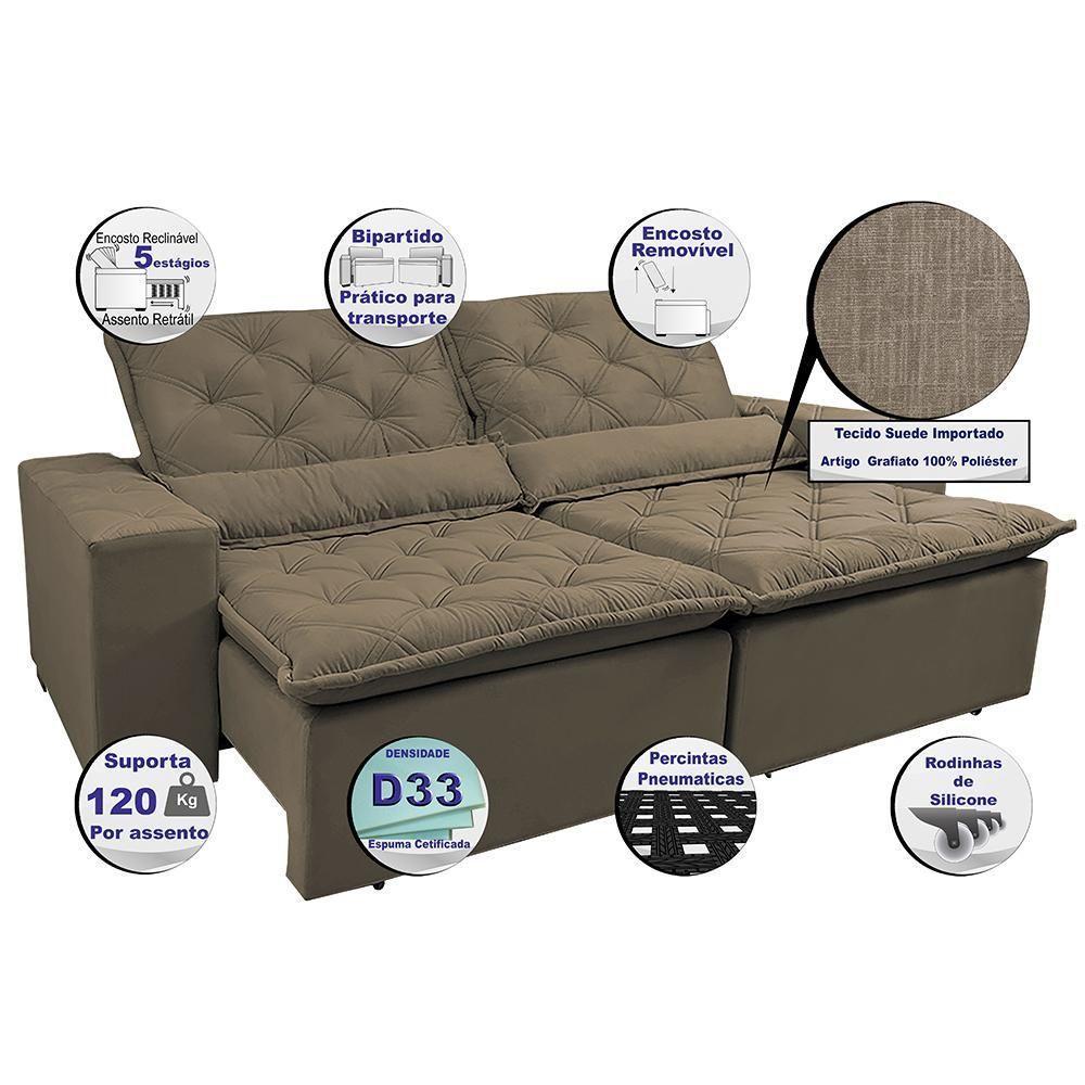 Sofá Lisboa 3,12m Retrátil, Reclinável Com Molas No Assento Tecido Suede Velusoft Castor - 7