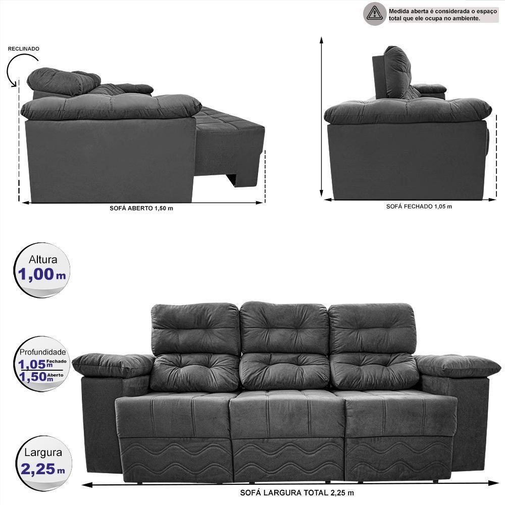 Sofa Itália 2,25 Mts Retrátil E Reclinavel Tecido Suede Cinza - Cama Inbox - 8