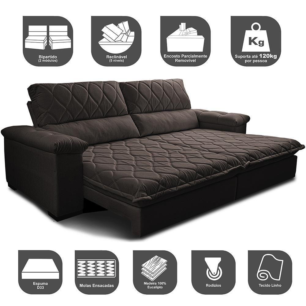 Sofá Retrátil E Reclinável 3,15m Molas Ensacadas Cama Inbox Big Home Bordado 3d Linho Marrom - 7