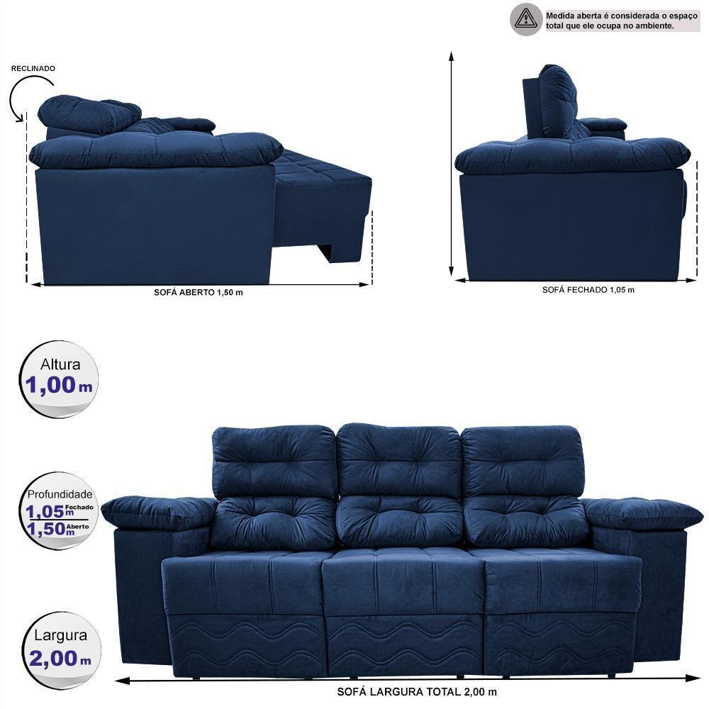 Sofa Itália 2,00 Mts Retrátil E Reclinavel Tecido Suede Azul - Cama Inbox - 8