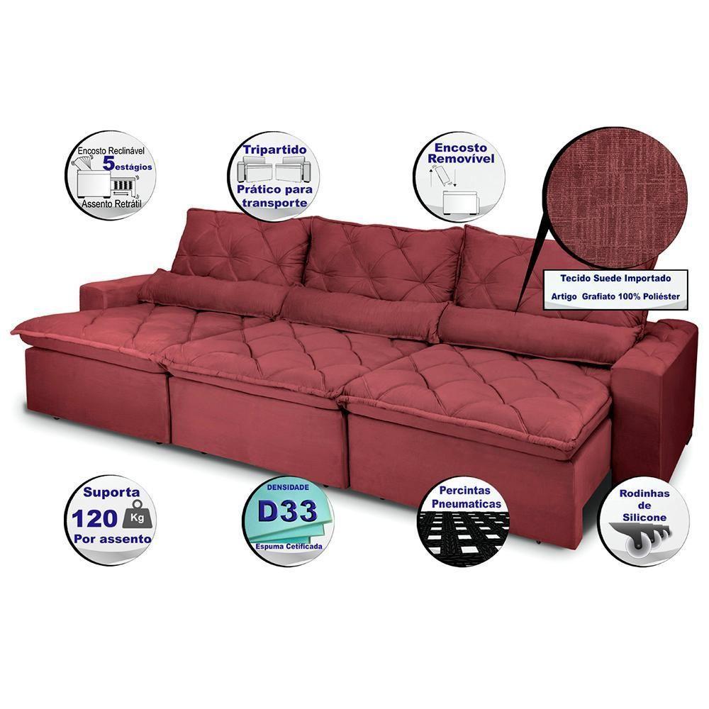 Sofá Lisboa 3,52m Retrátil, Reclinável Com Molas No Assento E Almofadas Lombar Tecido Suede Vinho - 8