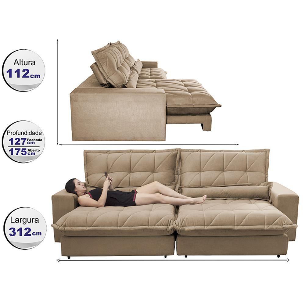 Sofa Retrátil E Reclinável 3,12m Com Molas Ensacadas Cama Inbox Soft Tecido Suede Castor - 7