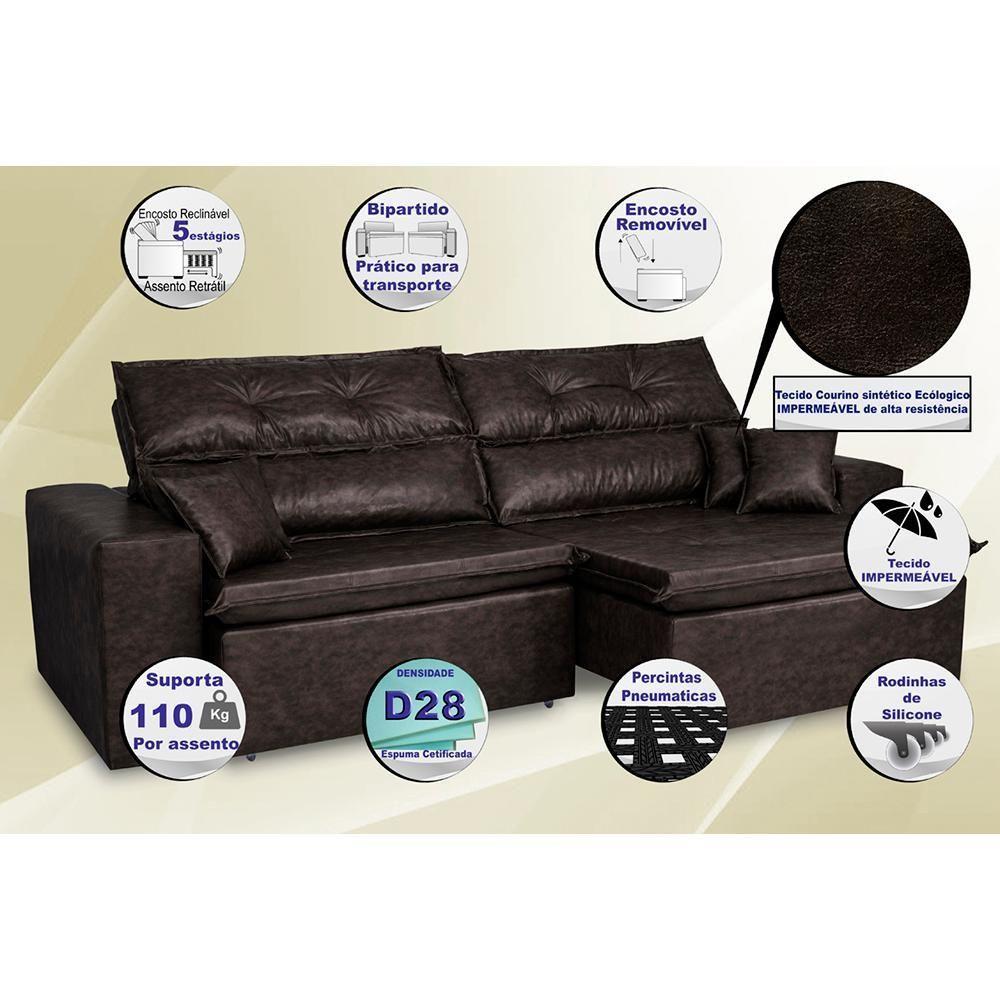 Sofá Tourino 2,52m Retrátil Reclinável, Molas E Pillow No Assento Tecido Courino Café Cama Inbox - 2