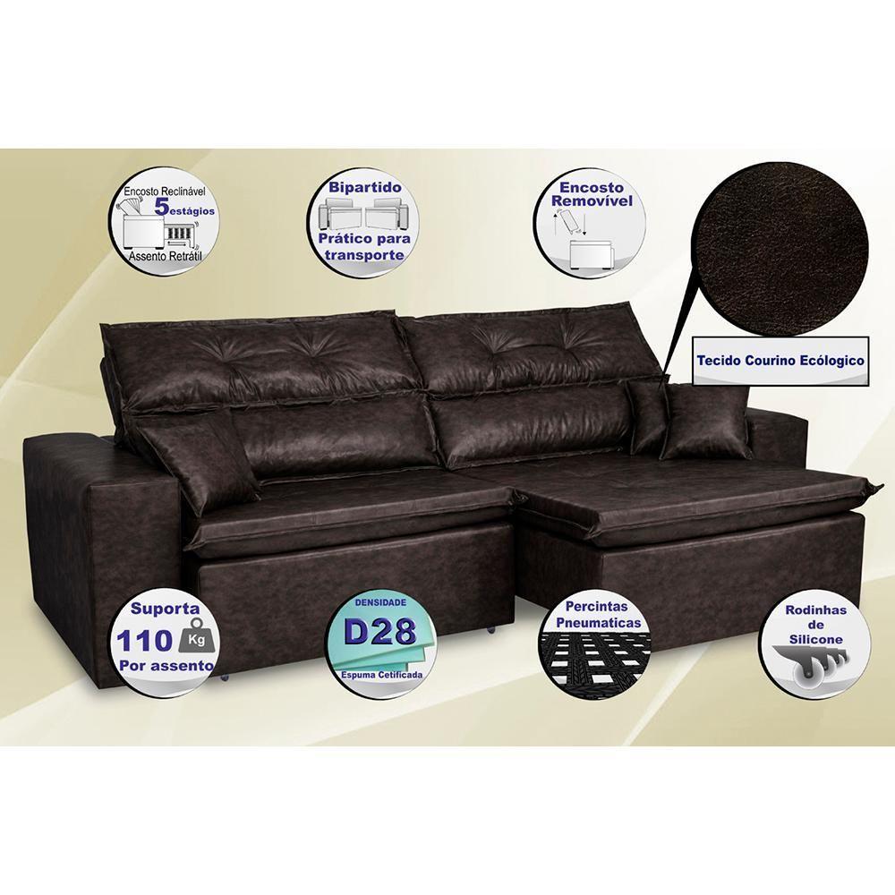 Sofá Tourino 2,52m Retrátil Reclinável, Molas E Pillow No Assento Tecido Courino Café Cama Inbox - 4