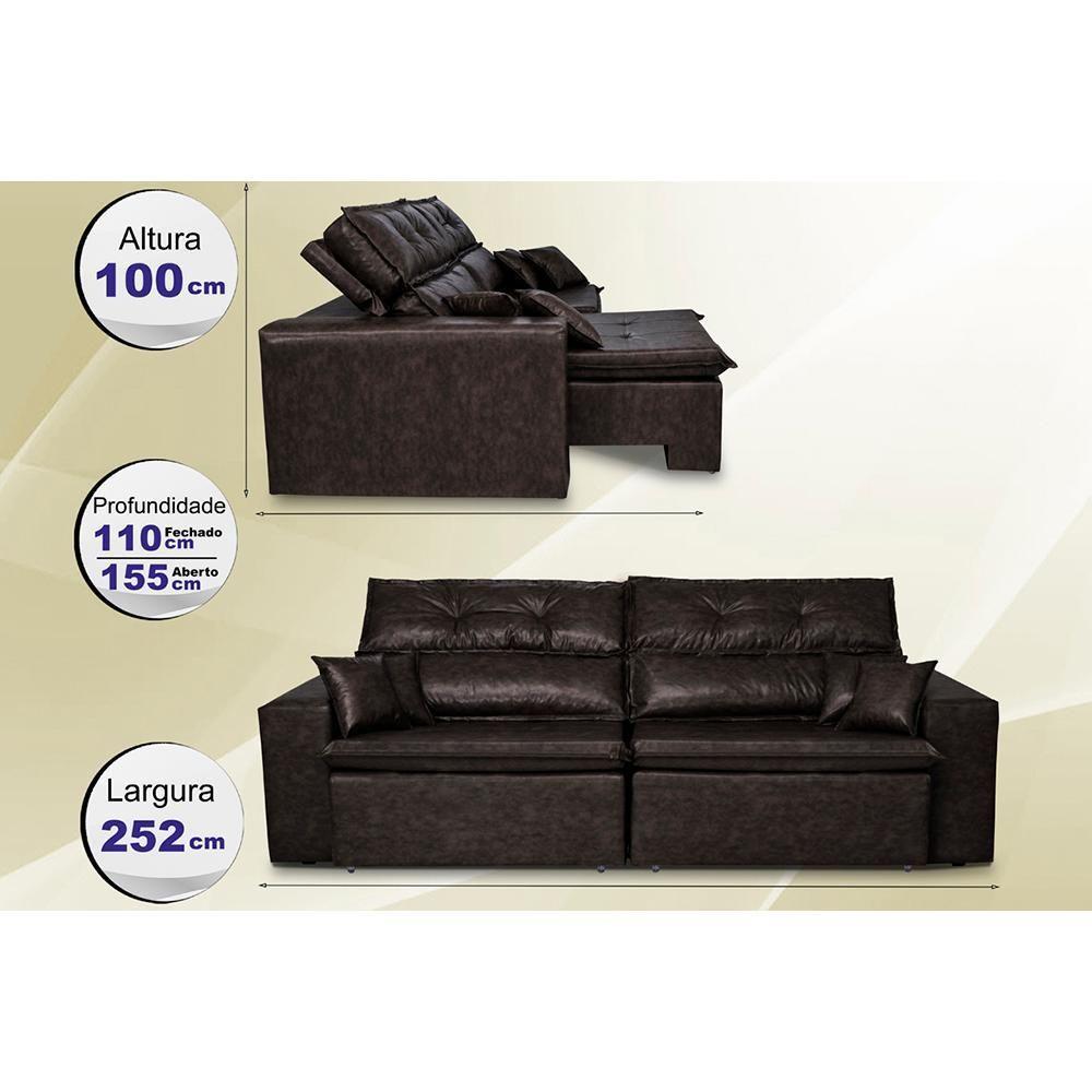 Sofá Tourino 2,52m Retrátil Reclinável, Molas E Pillow No Assento Tecido Courino Café Cama Inbox - 5