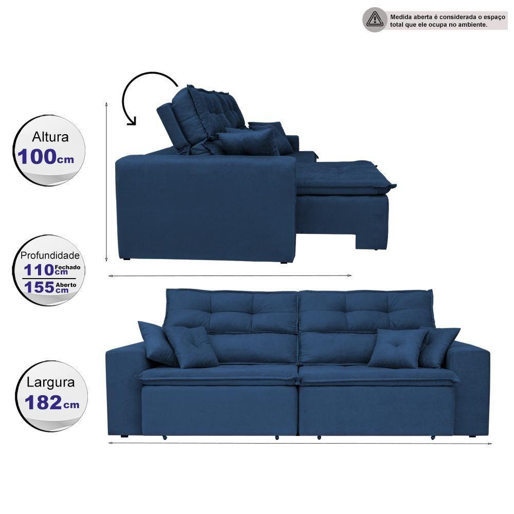 Sofá Cairo 1,82m Retrátil, Reclinável Tecido Suede Azul Cama Inbox - 4