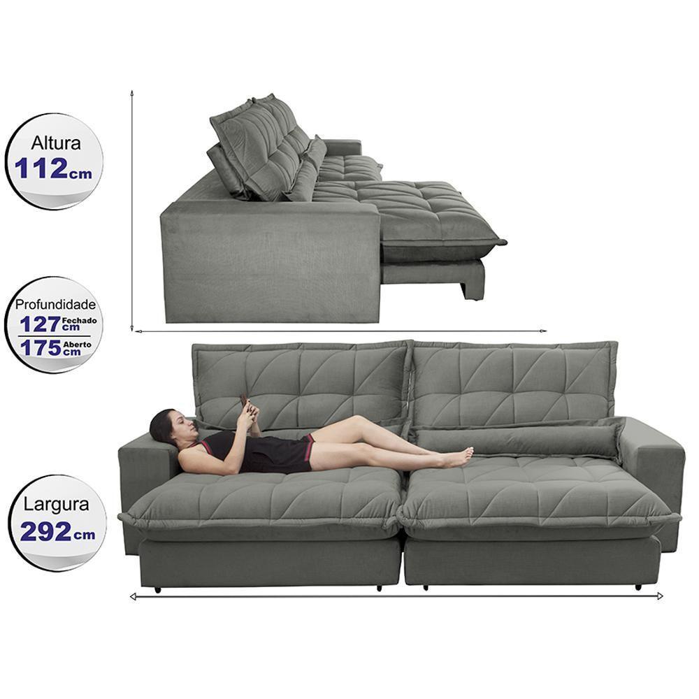 Sofa Retrátil E Reclinável 2,92m Com Molas Ensacadas Cama Inbox Soft Tecido Suede Cinza - 7