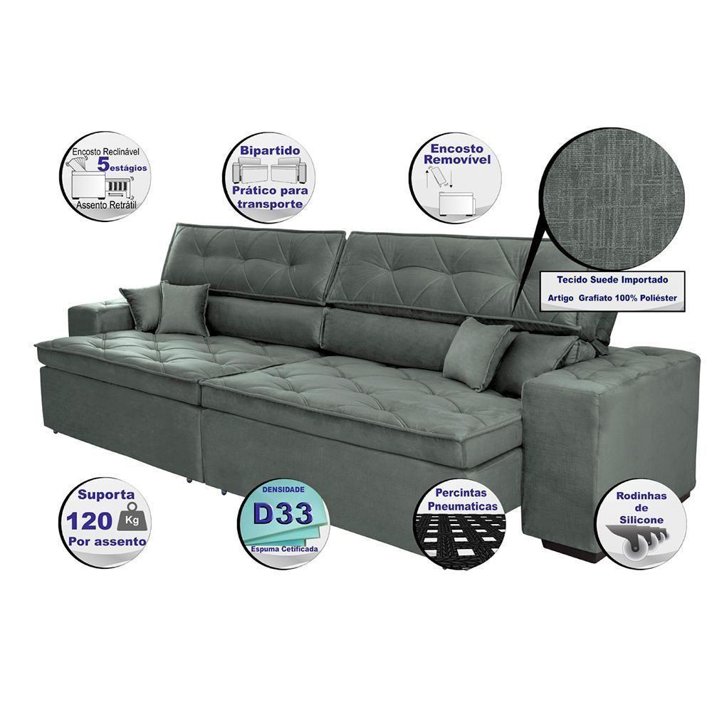 Sofá Austin 2,02m Retrátil, Reclinável Com Molas No Assento E Almofadas, Suede Grafite Cama Inbox - 2