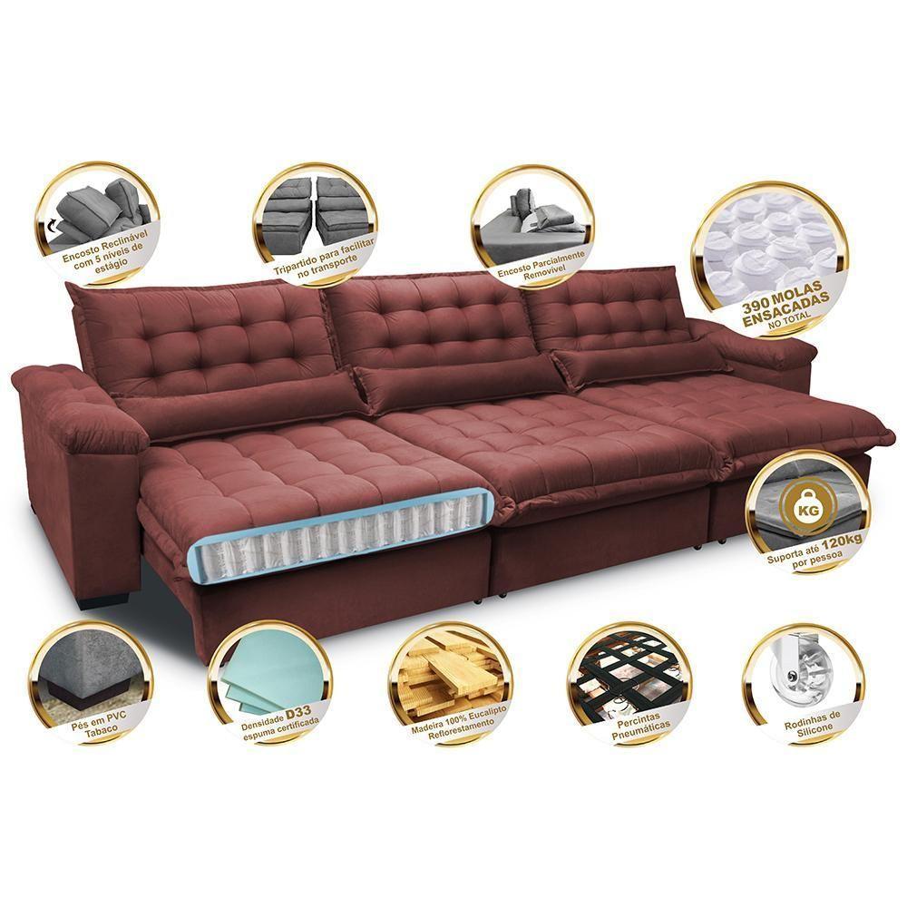 Sofá Retrátil E Reclinável 3,52m Com Molas Ensacadas Cama Inbox Aconchego Tecido Velusoft Vermelho - 7