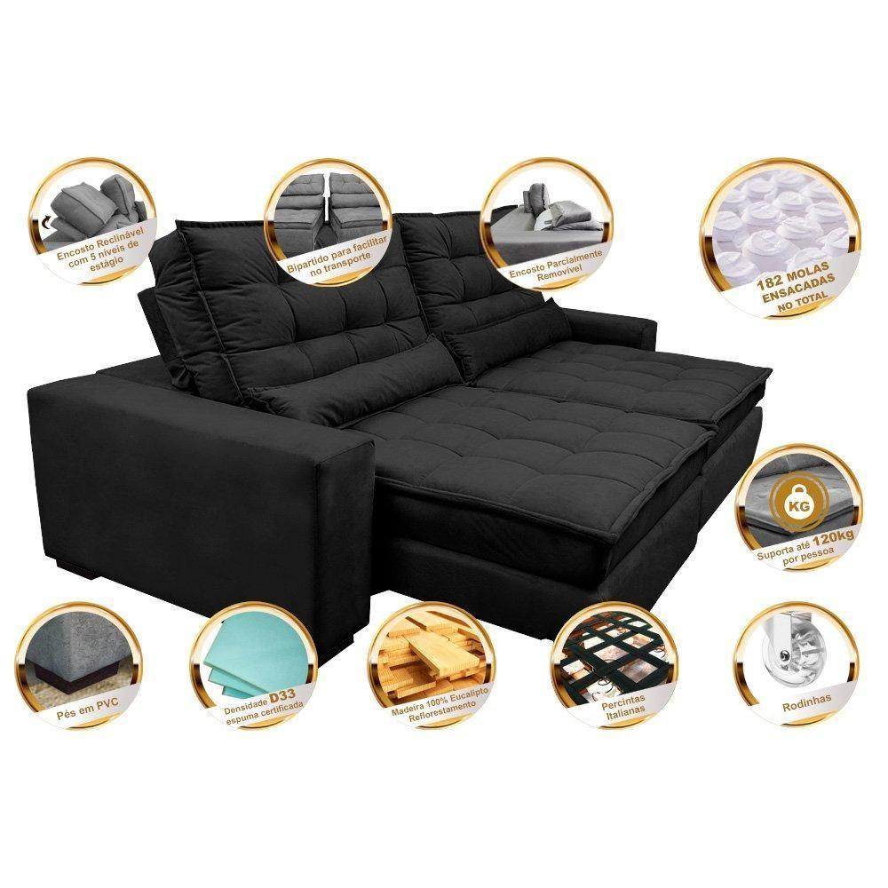 Sofá Retrátil E Reclinável 2,12m Molas Ensacadas Cama Inbox Catar Velusoft Preto - 7