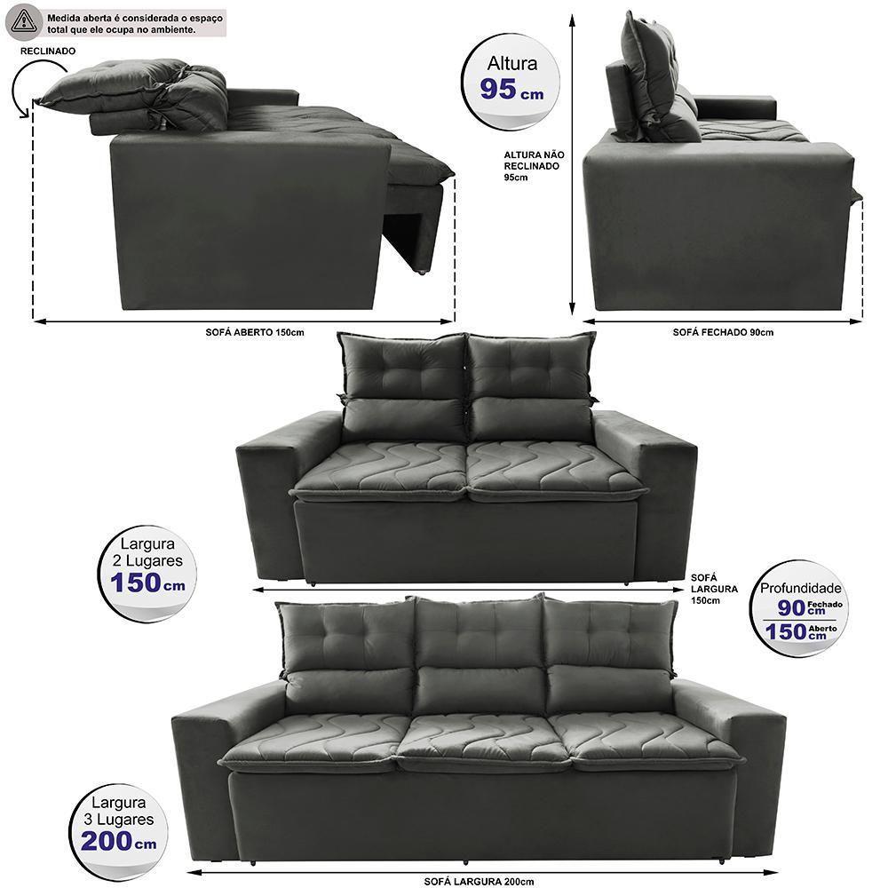Conjunto De Sofá 3 E 2 Lugares Retrátil E Reclinável 2,00x1,50m Cama Inbox Smal Suede Cinza - 8