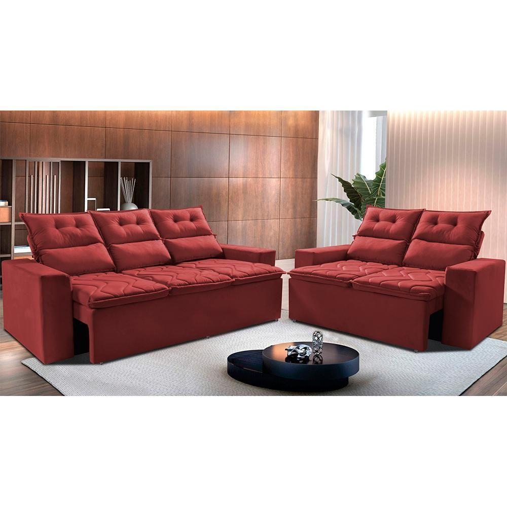 Conjunto De Sofá 3 E 2 Lugares Retrátil E Reclinável 2,00x1,50m Cama Inbox Smal Suede Vermelho - 1