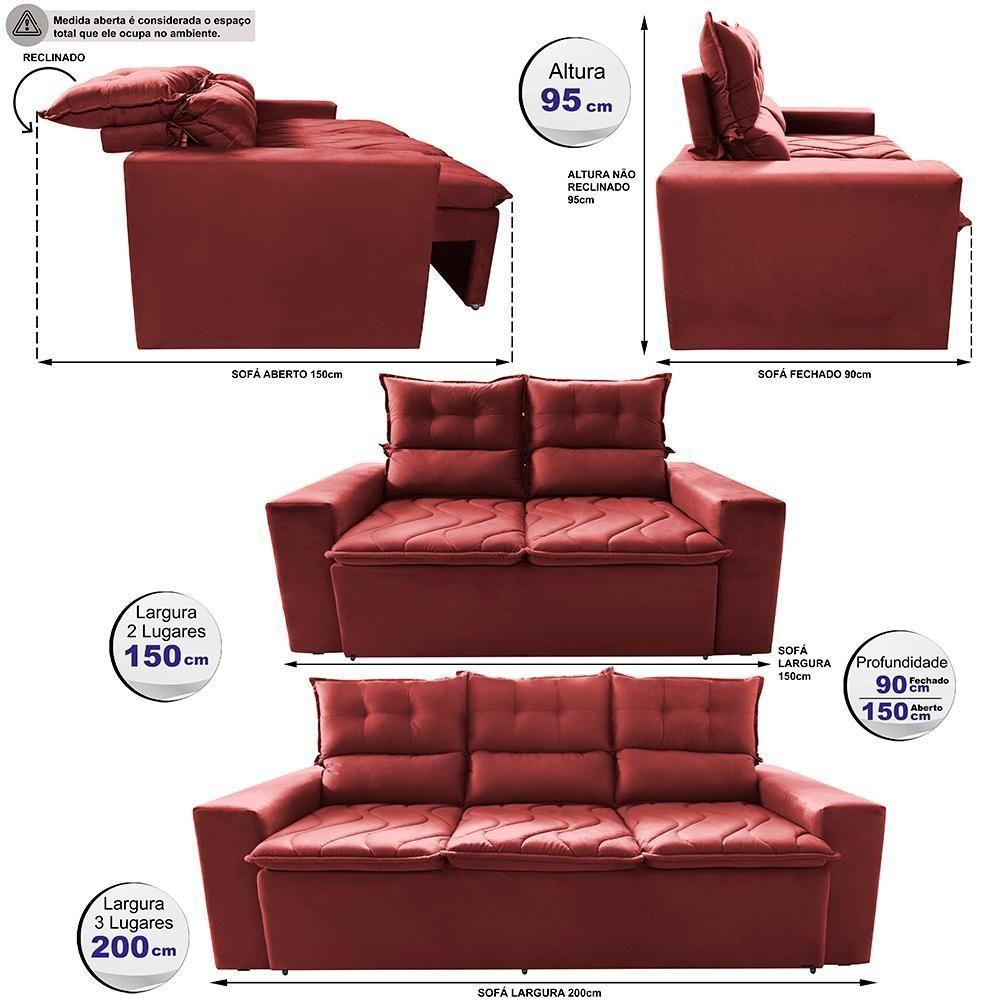 Conjunto De Sofá 3 E 2 Lugares Retrátil E Reclinável 2,00x1,50m Cama Inbox Smal Suede Vermelho - 8