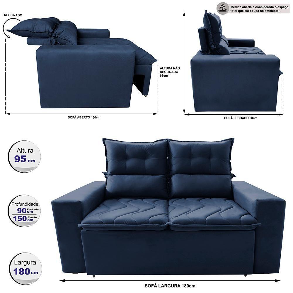 Sofá 3 Lugares Retrátil E Reclinável 1,80m Cama Inbox Smal Com Bordado Pantográfico Suede Azul - 8