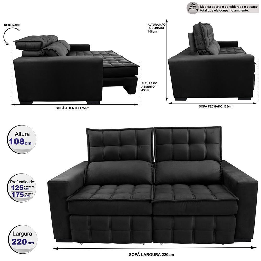 Sofá Retrátil E Reclinável 2,20m Molas Ensacadas E Costura Tripla Cama Inbox Nobre Suede Preto - 8