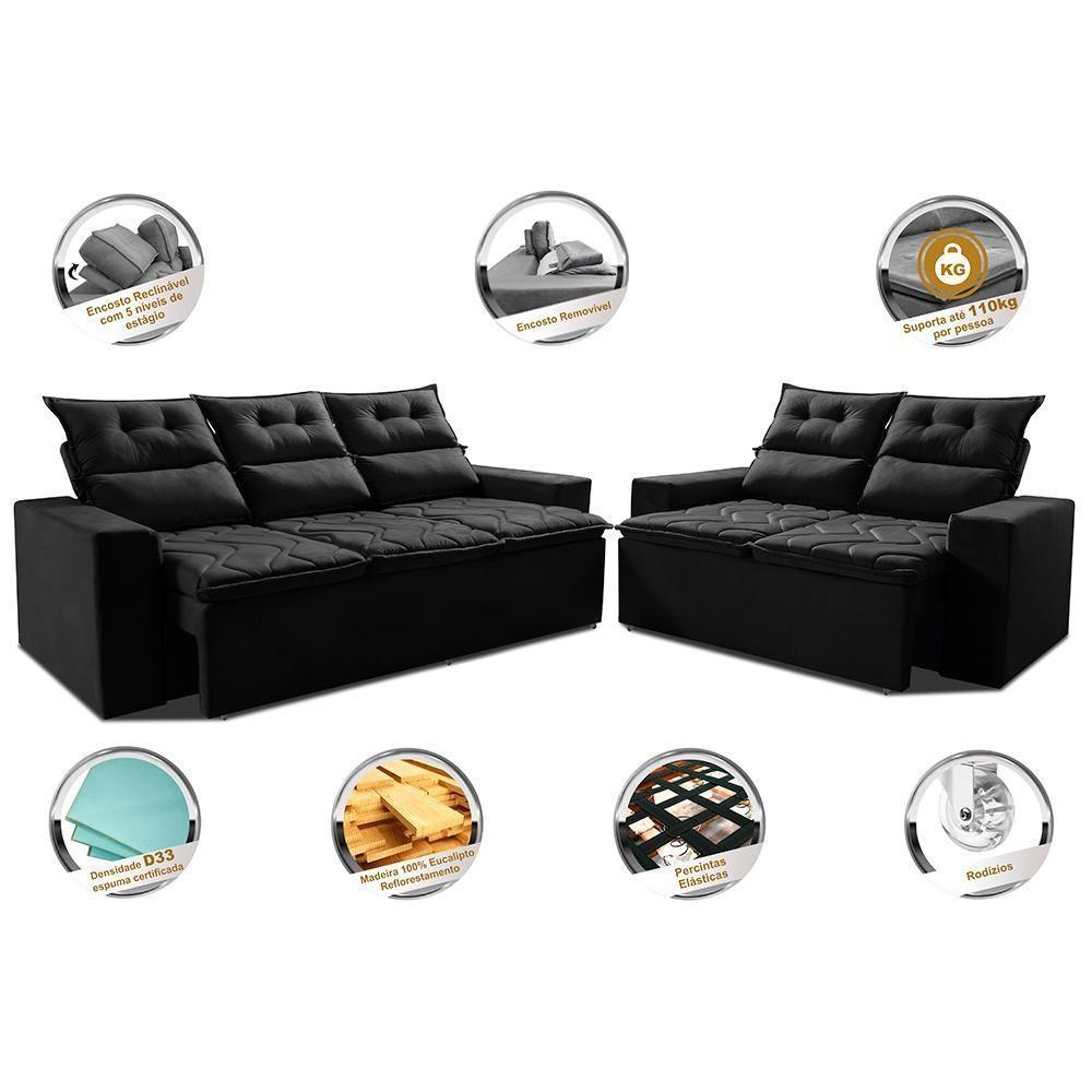 Conjunto De Sofá 3 E 2 Lugares Retrátil E Reclinável 2,00x1,50m Cama Inbox Smal Suede Preto - 7