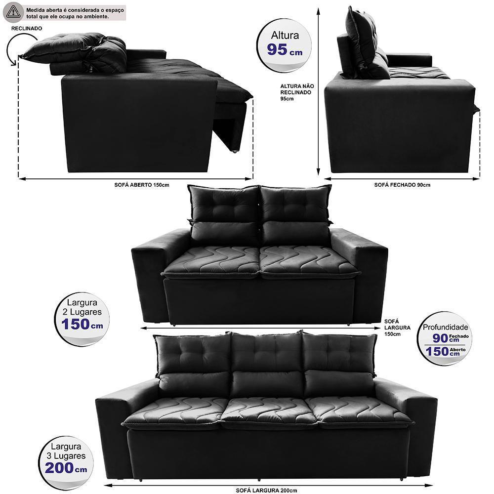 Conjunto De Sofá 3 E 2 Lugares Retrátil E Reclinável 2,00x1,50m Cama Inbox Smal Suede Preto - 8