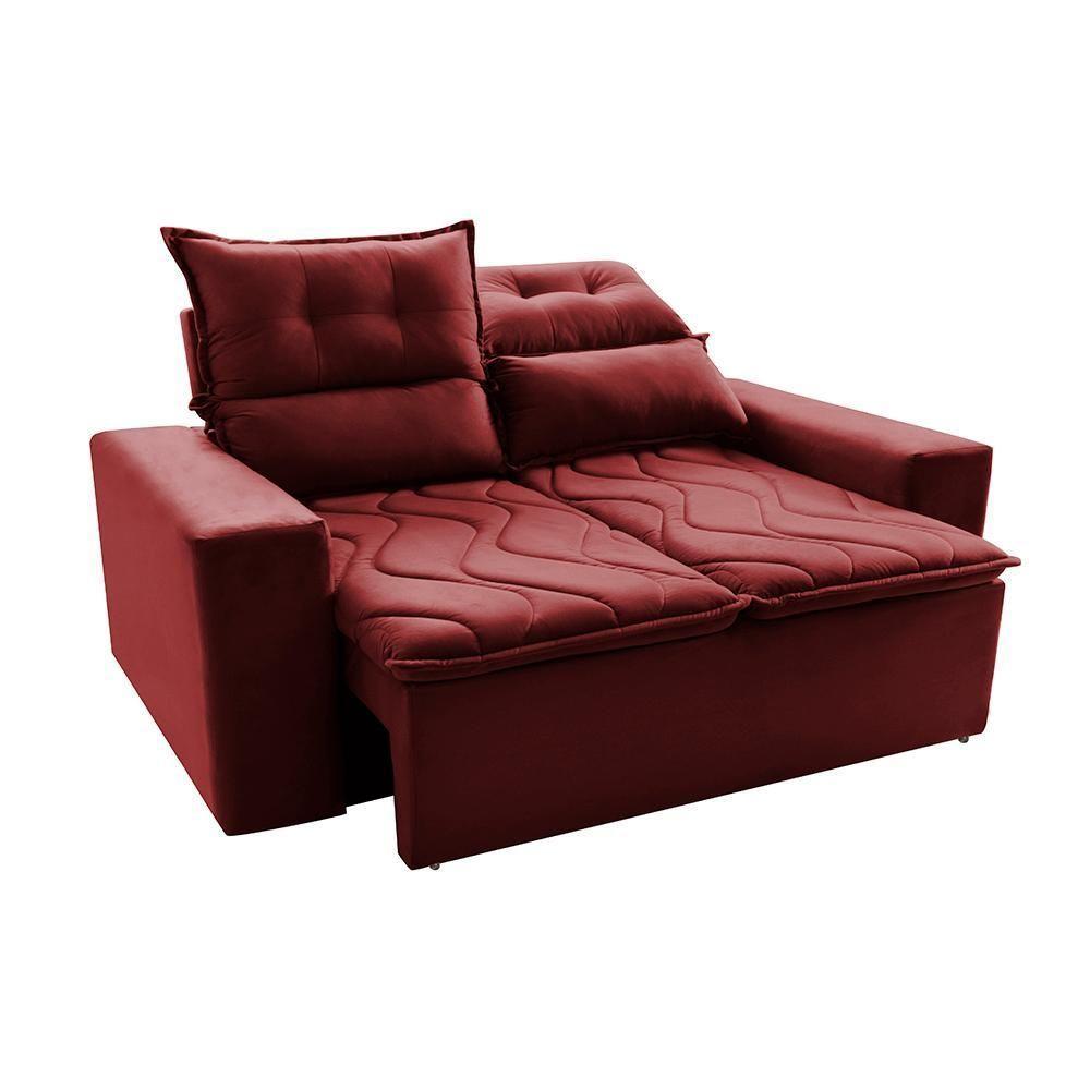 Sofá 3 Lugares Retrátil E Reclinável 1,80m Cama Inbox Smal Com Bordado Pantográfico Suede Vermelho - 3