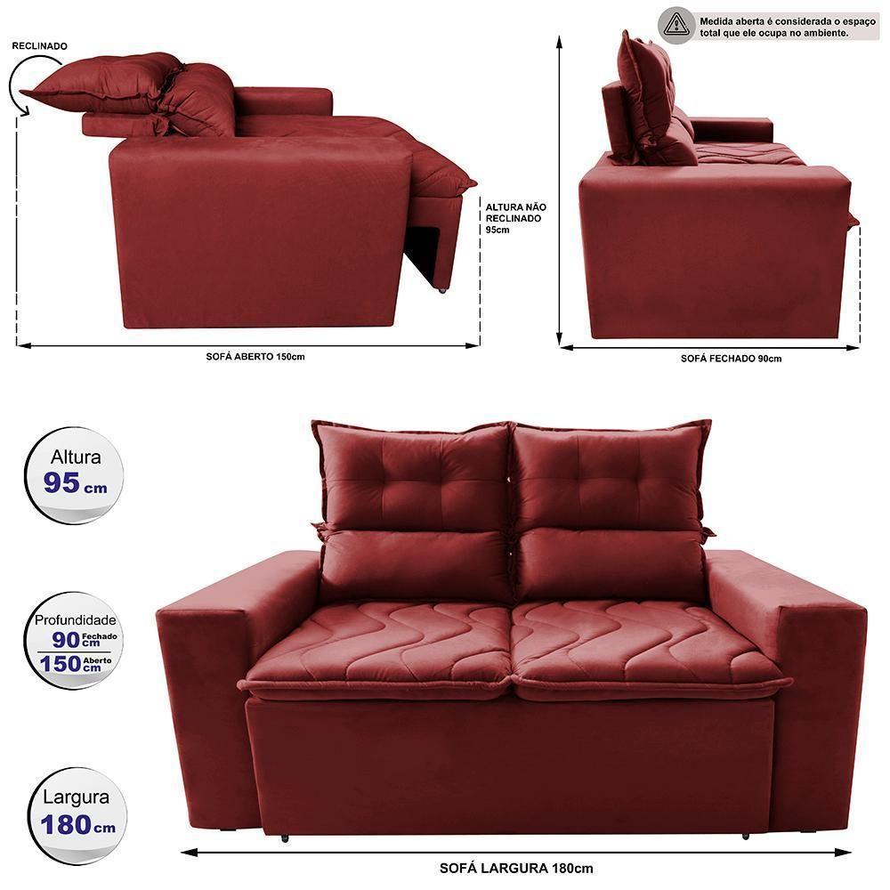 Sofá 3 Lugares Retrátil E Reclinável 1,80m Cama Inbox Smal Com Bordado Pantográfico Suede Vermelho - 8