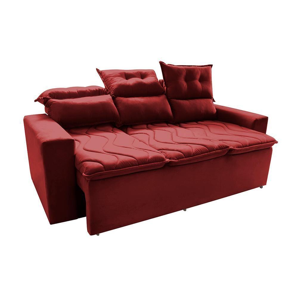 Sofá 3 Lugares Retrátil E Reclinável 2,00m Cama Inbox Smal Com Bordado Pantográfico Suede Vermelho - 3