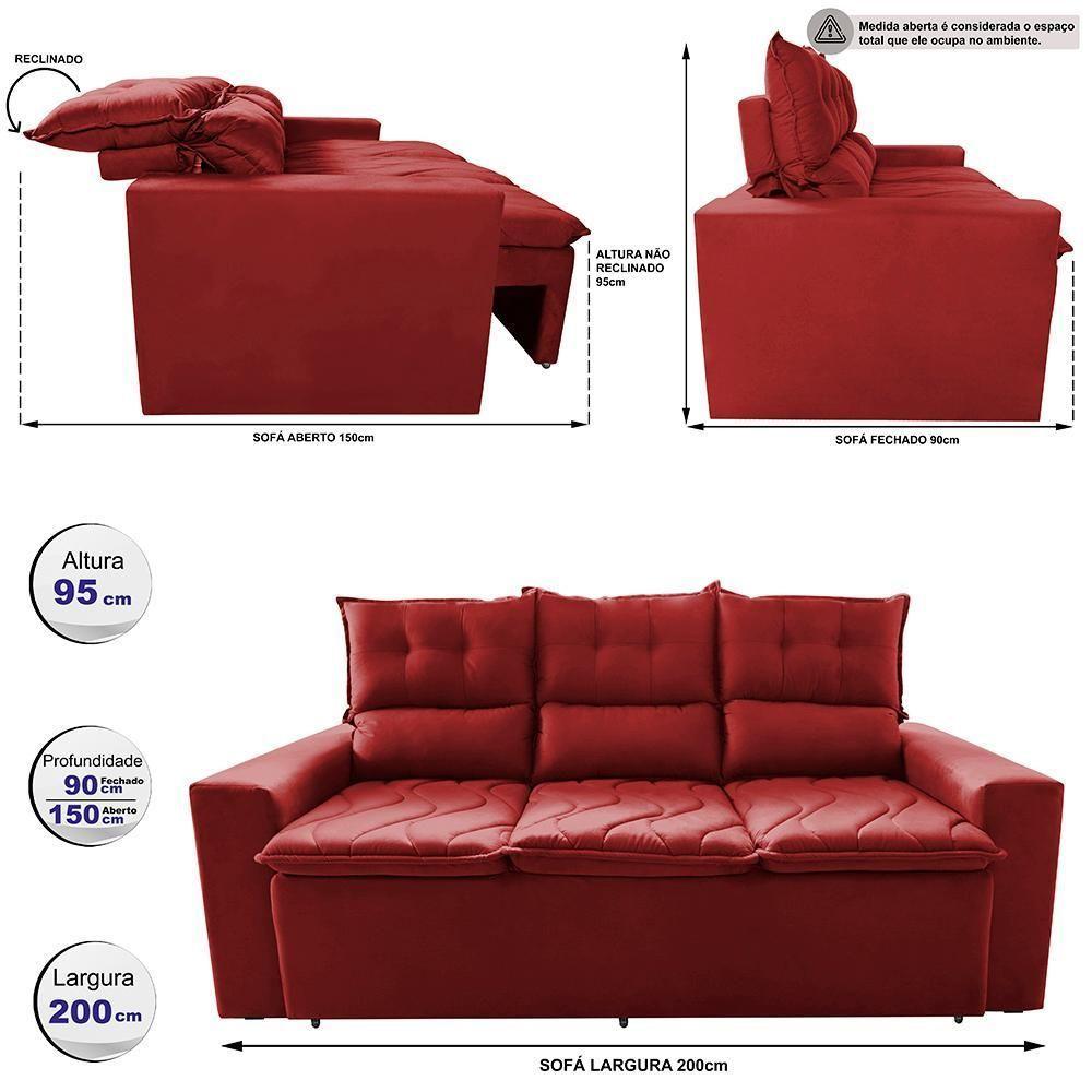 Sofá 3 Lugares Retrátil E Reclinável 2,00m Cama Inbox Smal Com Bordado Pantográfico Suede Vermelho - 8