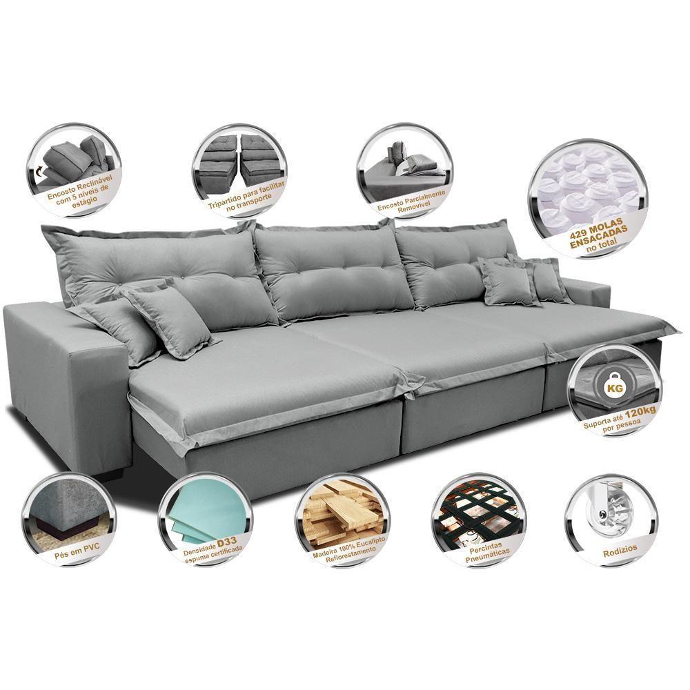 Sofá Retrátil E Reclinável 3,82m Com Molas Ensacadas Cama Inbox Prime Tecido Linho Cinza Claro - 7