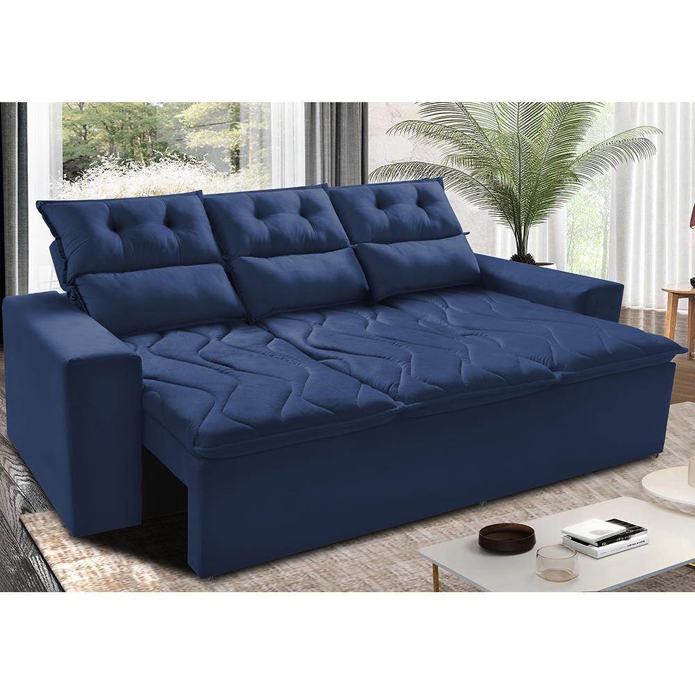 Sofá 3 Lugares Retrátil E Reclinável 2,00m Cama Inbox Smal Com Bordado Pantográfico Suede Azul - 1