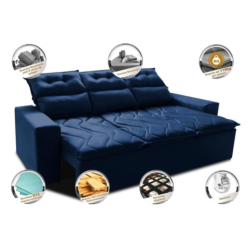 Sofá 3 Lugares Retrátil E Reclinável 2,00m Cama Inbox Smal Com Bordado Pantográfico Suede Azul - 7